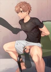 1boy arms_behind_back bar_censor black_shirt blush bound bound_ankles bound_wrists brown_eyes brown_hair censored chair clenched_teeth clothing_aside flaccid grey_shorts highres male_focus nayoshi_(r-744) nipple_tweak no_male_underwear original penis restrained shirt short_hair shorts shorts_aside sitting teeth testicle_grab testicles