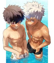 2boys abs bangs batsusuke black_hair black_male_swimwear blush brown_eyes bulge collarbone day from_above grin highres looking_at_viewer male_focus male_only male_pubic_hair male_swimwear multiple_boys naughty_face navel nipples original outdoors outside_border pectorals pubic_hair pubic_hair_peek pulled_by_self red_eyes sanpaku shiny shiny_skin short_hair shorts_tan side-by-side smile spiked_hair standing swim_briefs swim_trunks tan tanlines thumb_in_waistband toned toned_male wading water wet white_hair white_male_swimwear