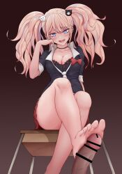 alternate_version_available barefoot below_view blonde_female breasts censor_bar cleavage danganronpa danganronpa:_trigger_happy_havoc danganronpa_1 feet foot_on_penis footjob gon_(congchuabuoito) junko_enoshima large_breasts looking_at_viewer penis sitting_on_chair smooth_skin soles strawberry_blonde_hair