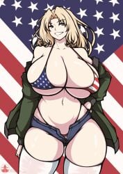 1girls american_flag american_flag_bikini blonde_female blonde_hair female girls_und_panzer grin kay_(girls_und_panzer) large_breasts roneesan solo solo_focus thick_thighs