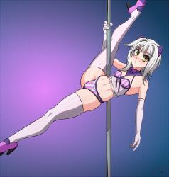 1girls aldharoku armwear blush bra eye_contact female female_only high_school_dxd koneko_toujou legwear looking_at_viewer panties pole pole_dancing revealing_clothes short_hair skimpy_clothes solo thighhighs thighs yellow_eyes