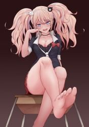 alternate_version_available below_view breasts cleavage danganronpa danganronpa:_trigger_happy_havoc danganronpa_1 feet femdom foot_focus gon_(congchuabuoito) junko_enoshima large_breasts looking_at_viewer straight_hair