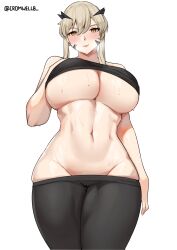 1girls 2022 artoria_pendragon artoria_pendragon_(lancer_alter) blonde_female blonde_hair breasts cromwellb fate/grand_order fate_(series) female female_only hips huge_breasts light-skinned_female light_skin pants_down shirt_lift shirt_up slim_waist sportswear sweat sweaty_body sweaty_breasts thick_thighs thighs tied_hair tight_clothing underboob wide_hips yellow_eyes