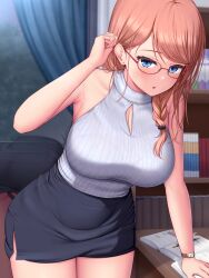 1girls bangs bare_arms bare_shoulders black_skirt blue_eyes blush book bookshelf braid breasts brown_hair cleavage cleavage_cutout clothing_cutout curtains ear_piercing female female_focus glasses highres indoors large_breasts light_brown_hair long_hair looking_at_viewer melopun original reflection skirt thighs tutor wristwatch