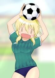 arms_up ball blonde_hair blush buruma dard_drak female hidamari_sketch long_hair looking_at_viewer miyako open_mouth palmeiras smile soccer soccer_ball soccer_uniform solo sportswear