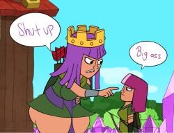 2girls annoyed archer_(clash_of_clans) archer_queen_(clash_of_clans) arrow big_ass big_breasts clash_(series) clash_a_rama clash_of_clans clothed clothed_female clothing crown dialogue female female_only fully_clothed fully_clothed_female huge_ass larger_female multicolored_hair multiple_girls pink_hair pointing purple_hair screenshot screenshot_edit smaller_female supercell talking talking_to_another text text_bubble thick_thighs voluptuous_female