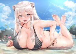 1girls 2022 alternate_version_available animal_ears bare_legs barefoot beach bikini black_bikini blue_eyes breasts cleavage fangs feet female hips hololive hololive_gen_5 hololive_japan huge_breasts light-skinned_female light_skin lion_ears lion_girl long_hair looking_at_viewer lying_on_stomach outdoors shishiro_botan slim_waist smile soles solo solo_female thick_thighs thighs tnolize virtual_youtuber water wet white_hair wide_hips