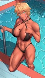 1girls abs areola areola_slip bare_arms bare_chest bare_legs bare_midriff bare_shoulders bare_thighs bikini bleach blonde_female breast_tattoo dark-skinned_female dark_skin eyeshadow facial_markings female female_only fluffydus green_eyes holding_object leg_lift looking_at_viewer midriff muscular muscular_female muscular_thighs number number_tattoo pool poolside raised_leg short_hair short_hair_with_long_locks soaked solo solo_female solo_focus stairs swimsuit tattoo thick_thighs tia_harribel toned toned_female wet wet_body wet_skin yellow_hair