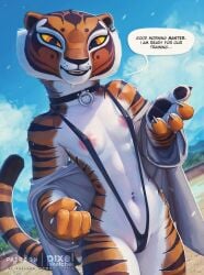 areola bikini collar dreamworks english_text erect_nipples erect_nipples_under_clothes furry kung_fu_panda master_tigress pixelsketcher sling_bikini text tiger