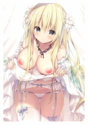 absurdres areolae bangs bare_shoulders blonde_female blonde_hair blue_eyes blush breasts cameltoe chains clothes_lift collarbone cowboy_shot detached_sleeves dress eyebrows_visible_through_hair eyelashes female fingernails flashing flower garter_belt hair_between_eyes hair_flower hair_ornament highres kino_(kino_konomi) large_breasts leaning_forward lifted_by_self long_hair looking_at_viewer nipples non-web_source original panties parted_lips ribbon-trimmed_sleeves ribbon_trim scan shiny shiny_skin sidelocks skirt skirt_lift solo standing thighhighs underwear very_long_hair white_dress white_panties white_thighhighs