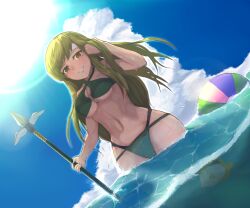 100nal1noken 1girls alternate_costume ball_(object) bare_midriff bare_thighs beach_ball bikini breasts cleavage day female female_only fire_emblem fire_emblem:_mystery_of_the_emblem fire_emblem:_shadow_dragon_and_the_blade_of_light fish green_bikini green_hair green_swimsuit grin headband large_breasts long_hair looking_at_viewer midriff nintendo o-ring o-ring_bikini ocean orange_eyes outdoors palla_(fire_emblem) smile solo spear swimsuit thighs underboob very_long_hair weapon