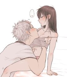... 1boy 1girls alternate_costume black_hair blush breasts female genderswap genderswap_(mtf) gintama gintoki_sakata groping hand_on_another's_head hijikata_toshiro long_hair looking_at_another male mame_(pixiv) no_bra pale_skin panties rule_63 sitting small_breasts tank_top