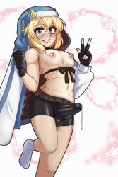 1boy backsack balls blonde_hair blue_eyes bridget bridget_grin cum cum_drip erect_nipples erection erection_under_clothes eye_contact gloves guilty_gear guilty_gear_strive kodaibun kodaibun_akira long_hair looking_at_viewer male male_only nipples peace_sign shorts solo solo_focus solo_male spandex_shorts standing thighs