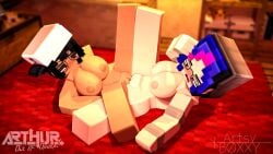 2girls 3d arthur32 big_breasts black_hair blush breasts chloe_vogue_(coffeeebee) fea_(arthur32) female female_only glasses grinding hat heterochromia huge_breasts indoors mine-imator minecraft multicolored_hair nipples nude nude_female pussy scissoring thick_thighs tribadism wide_hips yuri