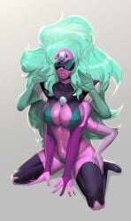 6_arms alexandrite_(steven_universe) alien_girl arms arms_up armwear bare_belly bare_shoulders belly belly_button big_breasts big_nose black_glasses black_legwear breasts female female_focus female_only fusion gem gem_(species) gem_fusion glasses green_hair high_resolution jewelry jewelry_between_breasts jopaosla legs legs_spread long_hair multi_arm multi_limb posing purple_body simple_background sitting_down sitting_on_person smile solo solo_female solo_focus star_(symbol) steven_universe stockings sunglasses thick_thighs thighhighs wide_hips wide_thighs