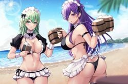 2girls absurdres alcohol alternate_costume alternate_hair_color ass ass_cleavage bangs bare_shoulders beach beer beer_mug big_ass bikini black_bikini black_swimsuit blush breasts butt_crack byleth_(fire_emblem) byleth_(fire_emblem)_(female) cleavage cup enlightened_byleth_(female) female female_only fire_emblem fire_emblem:_three_houses fire_emblem_warriors:_three_hopes green_eyes green_hair hair_bun hair_over_one_eye highres holding holding_cup huge_ass large_breasts long_hair looking_at_viewer maid maid_headdress medium_hair mug multiple_girls navel nintendo outdoors purple_eyes purple_hair reia_hana shez_(female)_(fire_emblem) shez_(fire_emblem) sideboob single_hair_bun swimsuit waitress