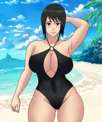 1girls alternate_breast_size arm_behind_head arm_up beach black_eyes black_hair blush busty center_opening curvaceous curvy curvy_figure hourglass_figure long_hair looking_at_viewer naruto naruto_(series) naruto_shippuden one-piece_swimsuit outdoors revealing_swimsuit seaside shizune smile solo solo_focus sutokatsu swimsuit voluptuous