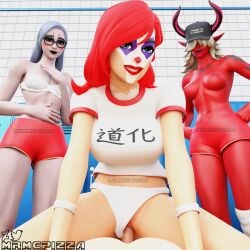 bloomers blush bra buruma clown clown_girl clown_makeup clussy cowgirl_position demon demon_girl desdemona_(fortnite) first_person_view fortnite gehenna_(fortnite) gym_shorts gym_uniform hertha_zahh locker_room mrmcpizza panties panties_aside peekaboo_(fortnite) pov red_hair shy sole_female topless underwear white_hair