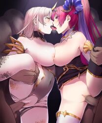 2boys 2girls anesaki asymmetrical_legwear bangs bare_shoulders big_breasts bisexual bisexual_female blush bottomless breast_press breasts breasts_out breasts_pressed_together censored commission covered_navel curled_horns detached_collar detached_sleeves faceless faceless_male female fire_emblem fire_emblem_heroes foursome french_kiss functionally_nude functionally_nude_female goat_horns gold_eyes gold_trim grey_hair group_sex gullveig_(fire_emblem) hair_ornament heavy_breathing highres holding_legs horn horns kiss kissing kissing_while_penetrated large_breasts leg_lift leg_up leotard long_hair mature_female mosaic_censoring multiple_boys multiple_girls nerthuz_(fire_emblem) nintendo nipples pale_skin penis pink_hair purple_eyes purple_hair pussy saliva scales sex single_horn skeb_commission skin_tight symmetrical_docking thick_thighs thighs torn_clothes vaginal vaginal_penetration veil white_hair wide_hips yellow_eyes yellow_horns zettai_ryouiki