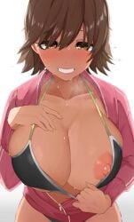 1girls alternate_breast_size big_breasts bikini bikini_top blush brown_hair cleavage female grin hiwakai honda_mio huge_breasts idolmaster idolmaster_cinderella_girls jacket nipples presenting_breasts short_hair solo sports_bikini sports_uniform sportswear sweat sweatdrop sweating undressing