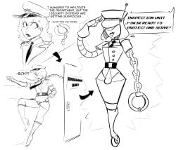 1boy akira_kurusu bulge crossdressing dunnhierdraws femboy joker_(persona) male_focus male_only mind_control monochrome persona_5 persona_5:_dancing_star_night police_hat police_uniform policewoman ren_amamiya restrained robot robot_boy robotization solo solo_male speech_bubble text