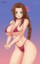 1girls aerith_gainsborough big_breasts bikini bikini_bottom bikini_top braid breasts brown_hair chronosth1 cleavage female female_only final_fantasy final_fantasy_vii green_eyes gummslime hair_ornament hips huge_breasts lips lipstick looking_at_viewer nails neckwear pink_bikini pink_nail_polish pink_nails smile solo solo_female square_enix swimsuit swimwear thick_thighs thighs