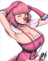 1girls ace_attorney arhyuz armpits big_breasts blush blushing boobs breasts capcom cleavage clown clown_girl clown_nose clussy clussy_fever female female_only geiru_toneido gloves grey_eyes gyakuten_saiban hands_in_hair large_breasts light-skinned_female looking_at_viewer one_eye_closed overalls pink_hair short_hair solo solo_female sweat sweating sweaty tagme tits touching_hair white_background wink winking winking_at_viewer