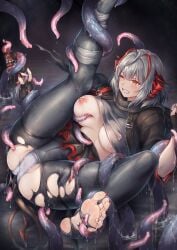 ;d antenna_hair arknights bangs barefoot black_gloves black_jacket black_panties black_scarf blush breasts cameltoe clenched_teeth clothes_lift covered_nipples crying crying_with_eyes_open demon_girl demon_horns demon_tail detonator female fingerless_gloves foot_focus gloves grey_eyes grey_hair highres horns jacket kuragetakos large_breasts legs_up long_sleeves long_toenails multicolored_hair nail_polish nipples no_bra one_eye_closed open_clothes open_jacket panties pants parted_lips red_eyes red_hair red_nails scarf shirt_lift short_hair smile solo spread_legs suspension tail tears teeth tight tight_pants toenail_polish toenails torn_clothes torn_pants two-tone_hair underwear unzipped v-shaped_eyebrows w_(arknights) water white_panties