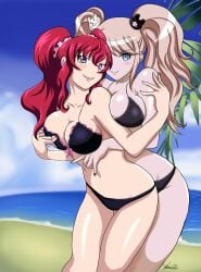 beach bikini bikini_bottom bikini_top breasts cross_ange danganronpa danganronpa:_trigger_happy_havoc danganronpa_1 groping groping_breasts groping_from_behind hilda_(cross_ange) junko_enoshima large_breasts large_breasts_lesbian lesbian_sex msdeath666 straight_hair thick_thighs thighs yuri