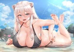 1girls 2022 animal_ears bare_legs barefoot beach bikini black_bikini blue_eyes breasts cleavage fan_mascot_(vtuber) fangs feet female hips hololive hololive_gen_5 hololive_japan huge_breasts light-skinned_female light_skin lion_ears lion_girl long_hair looking_at_viewer lying_on_stomach outdoors shishiro_botan slim_waist smile soles solo solo_female ssrb ssrb_(shishiro_botan) thick_thighs thighs tnolize virtual_youtuber water wet white_hair wide_hips