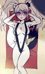 aviator_sunglasses beach beach_towel bikini breasts danganronpa danganronpa:_trigger_happy_havoc danganronpa_1 female_only junko_enoshima junkoexe large_breasts pink-tinted_eyewear skimpy_bikini sling_bikini smooth_skin sunglasses thighs tinted_eyewear