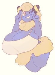 blue_skin cleavage huge_breasts hyper_breasts mareep pokemon smile wink