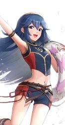 1girls absurdres alternate_costume armpits ass_visible_through_thighs bikini blue_bikini blue_eyes blue_hair blue_swimsuit female female_only fire_emblem fire_emblem_awakening fire_emblem_cipher flat_chest gonzarez highres innertube jumping long_hair looking_at_viewer lucina_(fire_emblem) lucina_(summer)_(fire_emblem) navel nintendo official_alternate_costume one_eye_closed open_mouth shorts simple_background smile solo swimsuit symbol-shaped_pupils thighs tiara water white_background