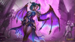 16:9 1girls absurd_res alternate_costume blue_hair cleavage demon demon_girl demon_horns demon_wings demoness female female_focus highres lipstick multiple_males mythology norse_mythology official_alternate_costume official_art searing_seductress_sol skimpy skimpy_clothes smite sol_(smite) solo_focus succubus tagme wings yellow_eyes