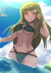 100nal1noken 1girls alternate_costume ball_(object) bare_midriff bare_thighs beach_ball bikini breasts cleavage day female female_only fire_emblem fire_emblem:_mystery_of_the_emblem fire_emblem:_shadow_dragon_and_the_blade_of_light fish green_bikini green_hair green_swimsuit grin headband large_breasts long_hair looking_at_viewer midriff nintendo o-ring o-ring_bikini ocean orange_eyes outdoors palla_(fire_emblem) smile solo spear swimsuit thighs underboob very_long_hair weapon