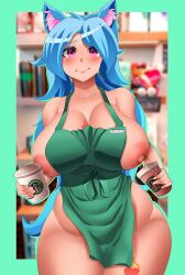 1girls blue_hair blush cat_ears female female_only jessy_(oc) lactation light-skinned_female light_skin purple_eyes solo solo_female starbucks