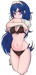 1girls bikini black_bikini black_swimsuit blue_eyes blue_hair breasts cleavage emi_(kottonart) female female_only fire_emblem fire_emblem_awakening long_hair looking_at_viewer lucina_(fire_emblem) medium_breasts nintendo serafineart1001 shirt sideboob smile solo swimsuit symbol-shaped_pupils undressing