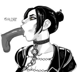 1boy 1girls balls black_and_white black_hair black_penis blonde_hair blowjob blowjob_face blue_eyes chains cheek_bulge choker collar dark-skinned_male dark_skin fellatio female goth goth_girl heterochromia hivethebastard interracial jacket leash male oral penis penis_in_mouth ponytail profile purple_eyeshadow simple_background testicle_grab tied_hair white_background yellow_eyes