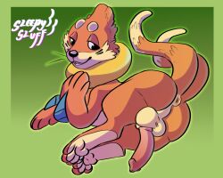 animal_genitalia anthro anus ass balls bodily_fluids buizel digital_media_(artwork) erection feral genitals hi_res humanoid male male/male mammal nintendo nude open_mouth penis pokémon_(species) pokemon puffy_anus simple_background sleepysluff solo video_games