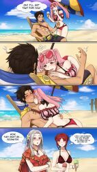 1boy 3girls alternate_costume anafuu ass beach big_ass bikini claude_von_riegan claude_von_riegan_(summer) dark_hair edelgard_von_hresvelg edelgard_von_hresvelg_(summer) english english_text female fire_emblem fire_emblem:_three_houses fire_emblem_heroes hilda_valentine_goneril hilda_valentine_goneril_(summer) ice_cream licking male monica_von_ochs nintendo official_alternate_costume one-piece_swimsuit outdoors pink_bikini pink_hair pink_swimsuit red_bikini red_hair red_one-piece_swimsuit red_swimsuit seductive straight swimsuit text umbrella white_hair