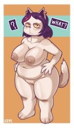 absurd_res anthro belly big_breasts breasts catti_(deltarune) deltarune domestic_cat ear_piercing ear_ring english_text felid feline felis female frown genitals hand_on_hip hi_res huge_breasts kryadrawgin looking_at_viewer mammal nude piercing pussy question_mark ring_piercing simple_background slightly_chubby solo text undertale_(series) video_games