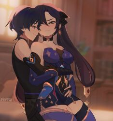 1boy 1girls arm_around_waist ass_on_crotch bare_shoulders female genshin_impact hugging_from_behind long_hair male memeh mona_(genshin_impact) scaramouche_(genshin_impact) thick_thighs thighs tight_clothing twintails voluptuous