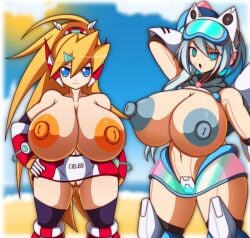 2girls beach ciel_(mega_man) huge_breasts ico_(mega_man) mega_man mega_man_x_dive mega_man_zero multiple_girls robot robot_girl s1-14 tagme