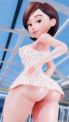 1girls 3d 3d_(artwork) armpits ass ass_focus big_breasts blender breasts brown_eyes brown_hair busty disney dress dress_lift female female_focus female_only floral_pattern floral_print helen_parr legs light-skinned_female light_skin looking_at_viewer looking_back mature mature_female milf mother nipple_bulge pixar pokies seductive seductive_smile short_hair skyblade3dx smooth_skin the_incredibles watermark