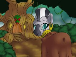 bodily_fluids cloak clothing collar door ear_piercing ear_ring equid equine female feral friendship_is_magic genital_fluids hasbro mammal mask my_little_pony piercing plant pussy_juice ring_piercing shdingo shrub solo tree tree_house zebra zecora_(mlp)