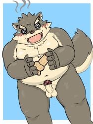 anthro balls belly blush canid canine canis dildo domestic_dog erection eyebrows foreskin genitals hi_res lifewonders male mammal moritaka musclegut navel nude panthera7uncia pecs penis sex_toy solo thick_eyebrows tokyo_afterschool_summoners video_games