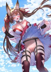 bare_shoulders barely_contained blue_eyes blush brown_hair caleen_keemosn choker commission detached_sleeves embarrassed eyebrows_visible_through_hair fox_ear fox_girl fox_tail garter garter_belt garter_straps hair_ribbon large_breasts miko mosaic_censoring multiple_tails no_panties open_mouth runes shocked skirt_lift star_ocean star_ocean_anamnesis sweat thighhighs twintails very_long_hair wide_eyed wind ycco_(estrella)