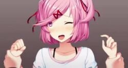 5_fingers accurate_art_style ahe_gao ahegao animated animation artist_name black_bra_straps both_eyes_closed bra_strap bra_straps closed_eyes doki_doki_literature_club edit edited edited_official_artwork eyes_closed eyes_rolled_up hair_intakes holding_wrists implied_penetration implied_sex low_res lowres mouth_open natsuki_(doki_doki_literature_club) no_sound official_art one_eye_closed open_mouth pink_eyes pink_hair pinned pinned_to_wall pov shirt smile smiling sprite_edit tagme trampolining video