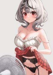 big_breasts black_lingerie black_underwear confused_look cooling_off cute electric_fan fan grey_background hololive hololive_japan holox lingerie nikahoshikuzu red_eyes red_skirt sakamata_chloe short_hair simple_background skirt_lift thick_thighs two_tone_hair virtual_youtuber white_hair white_shirt