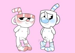 2boys balls blush cup cuphead cuphead_(game) male mugman penis shy simple_background smile socks